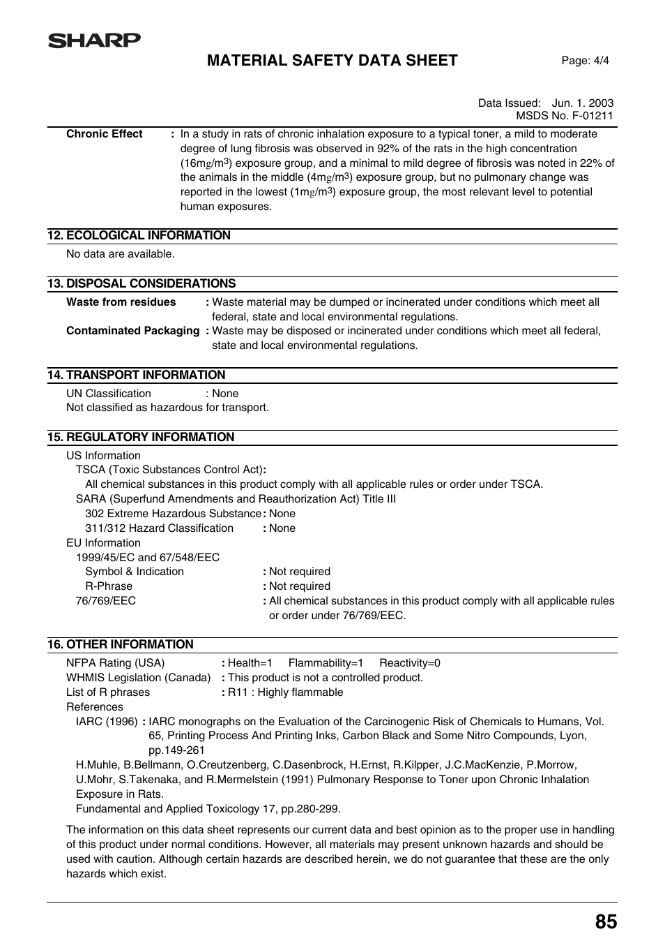 Material safety data sheet | Sharp AR-M205 User Manual | Page 87 / 96