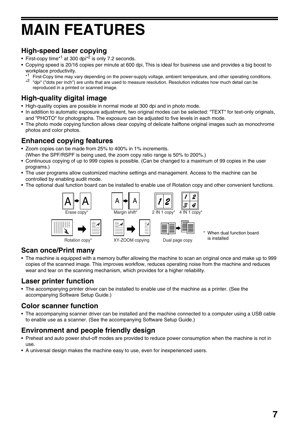 Main features, High-speed laser copying, High-quality digital image | Enhanced copying features, Scan once/print many, Laser printer function, Color scanner function, Environment and people friendly design | Sharp AR-M205 User Manual | Page 9 / 96