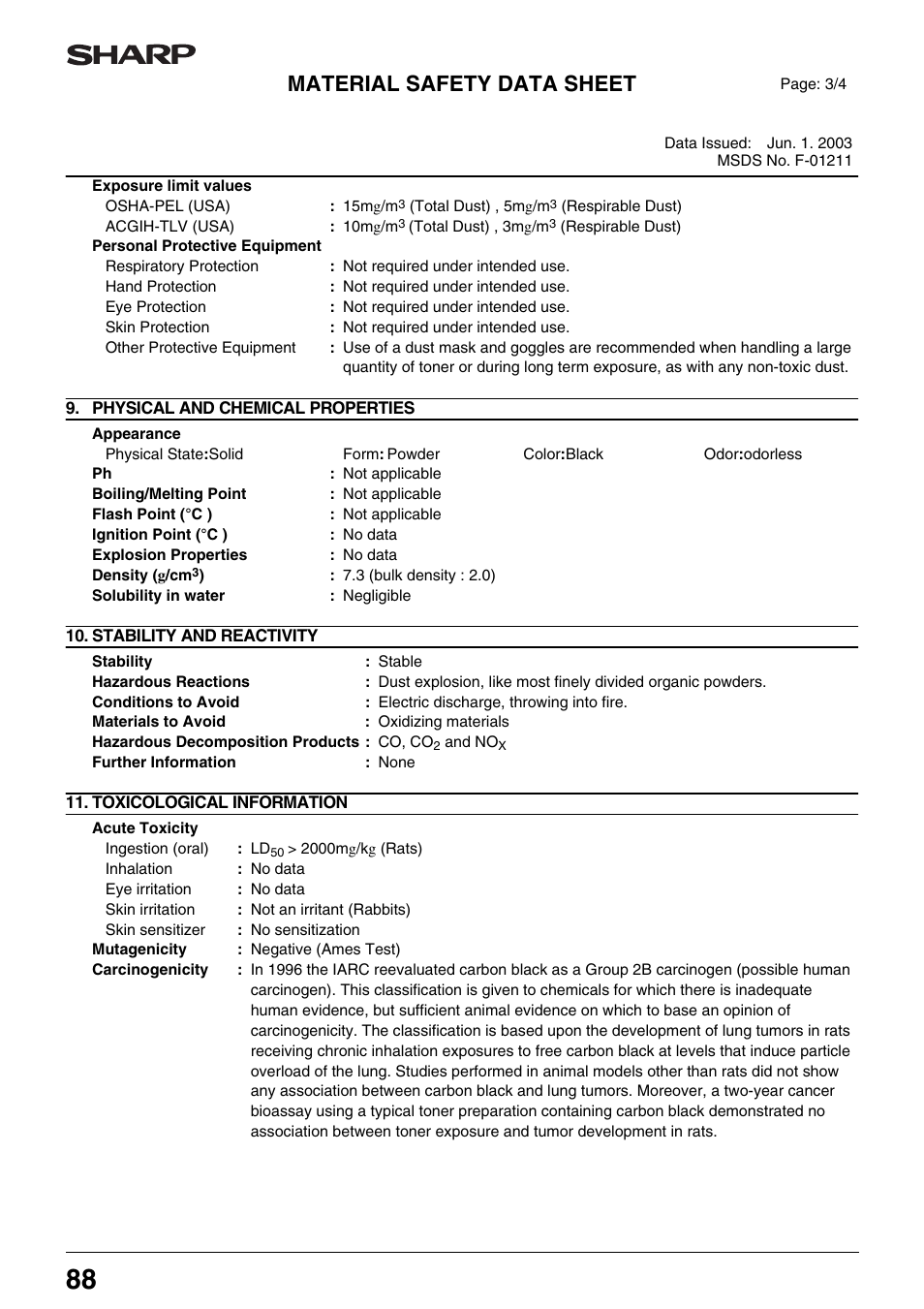 Material safety data sheet | Sharp AR-M205 User Manual | Page 90 / 96