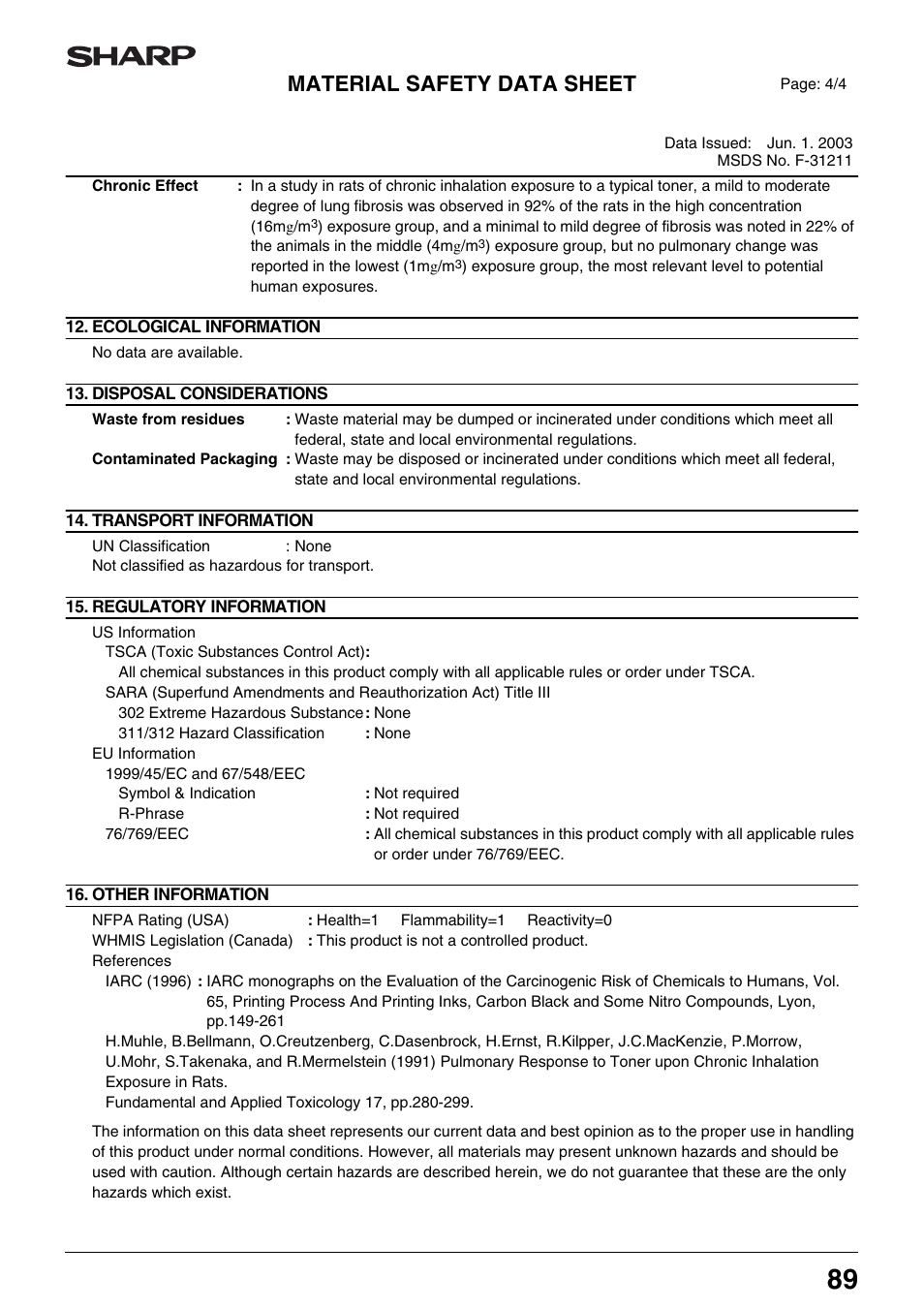 Material safety data sheet | Sharp AR-M205 User Manual | Page 91 / 96