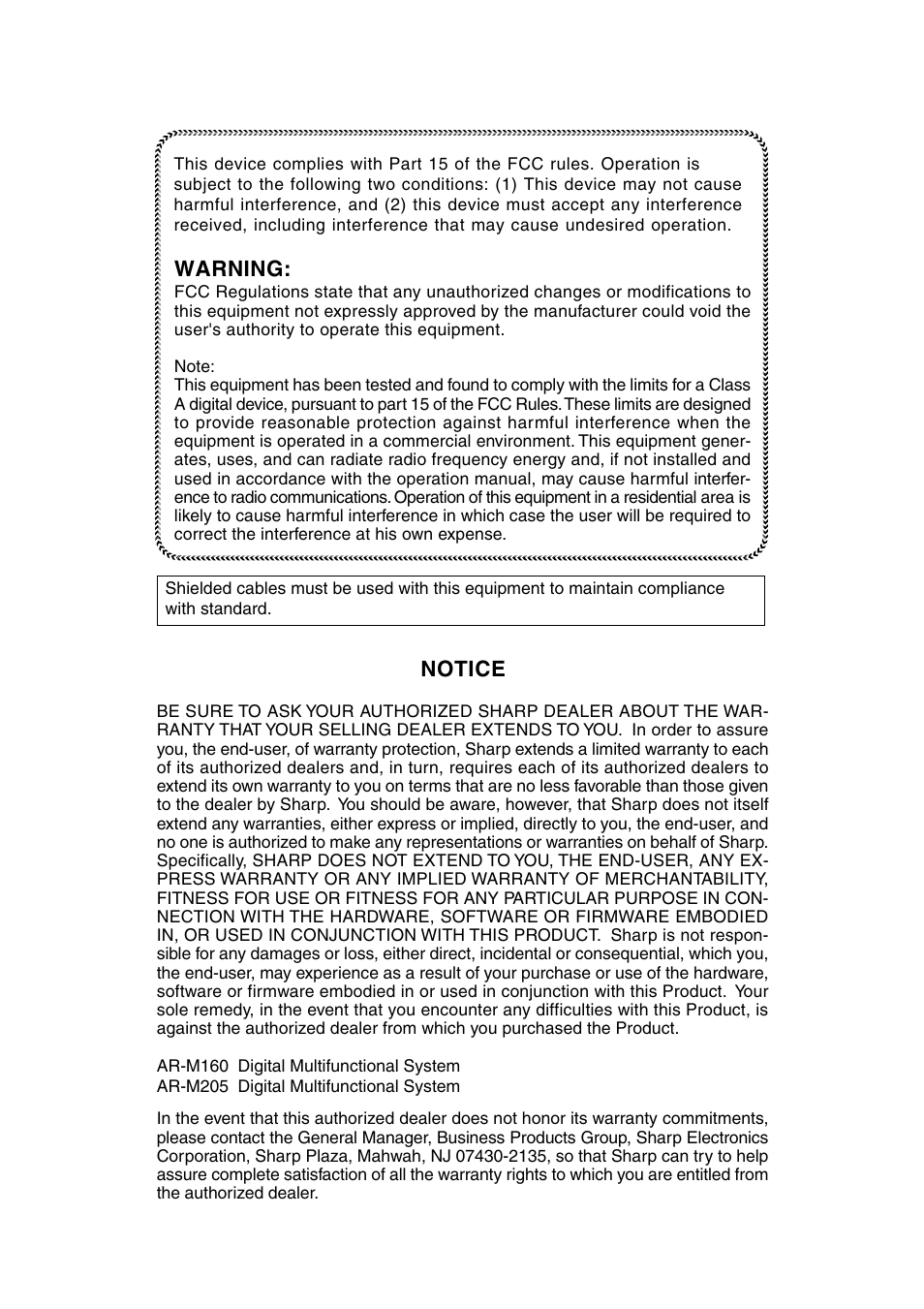Notice, Warning | Sharp AR-M205 User Manual | Page 95 / 96
