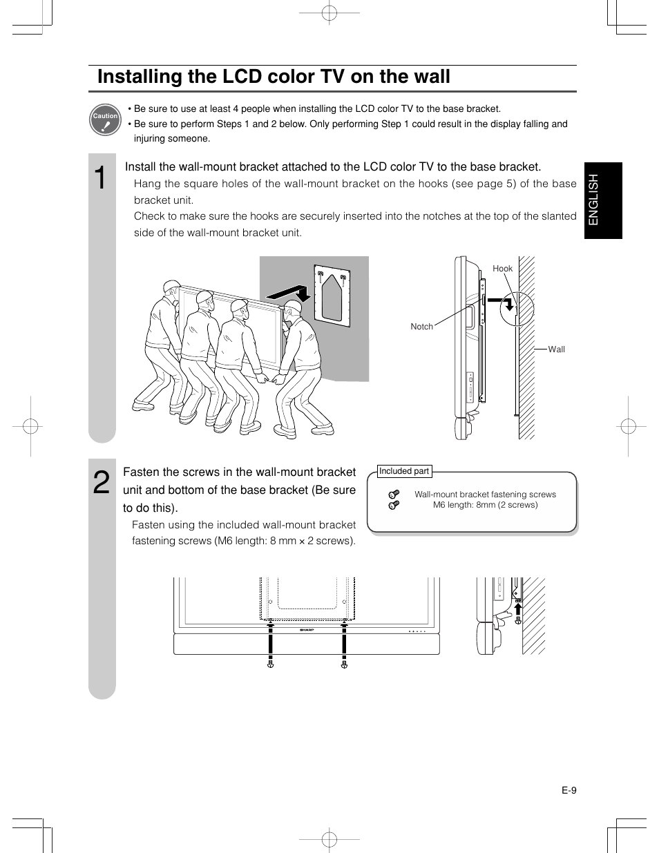 Installing the lcd color tv on the wall | Sharp AN-65AG1 User Manual | Page 10 / 11