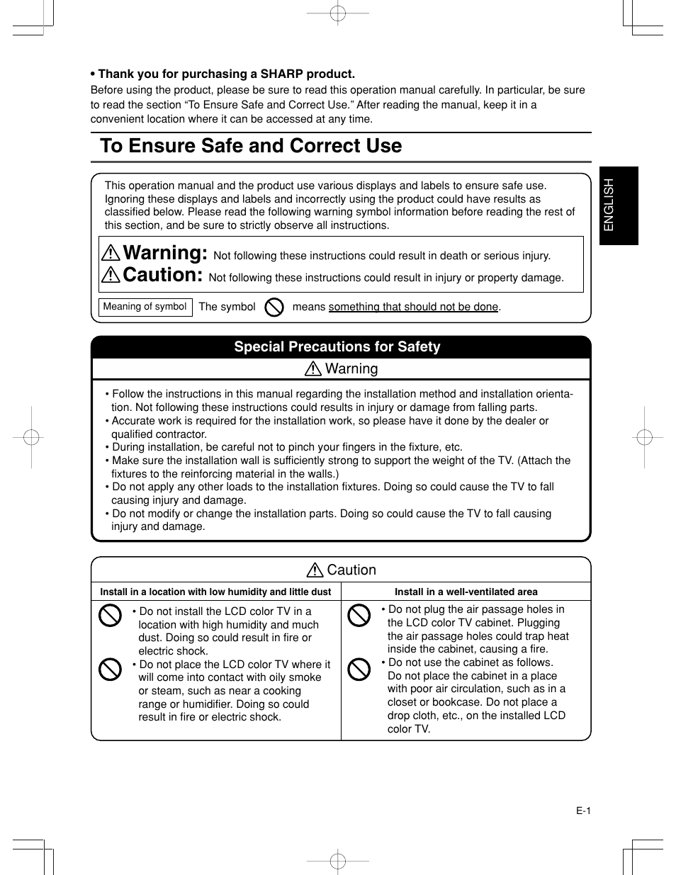 Warning, Caution | Sharp AN-65AG1 User Manual | Page 2 / 11