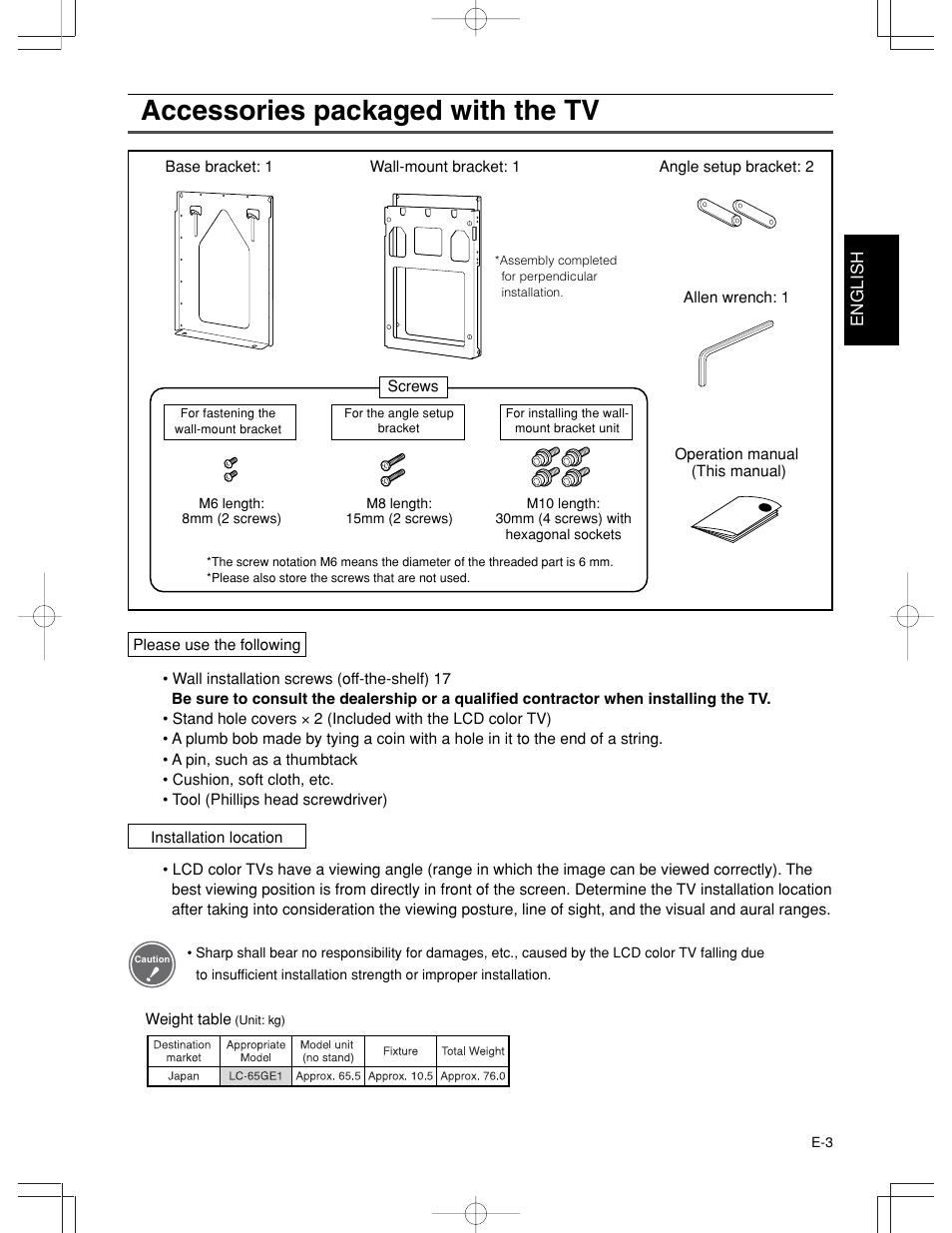 Accessories packaged with the tv | Sharp AN-65AG1 User Manual | Page 4 / 11