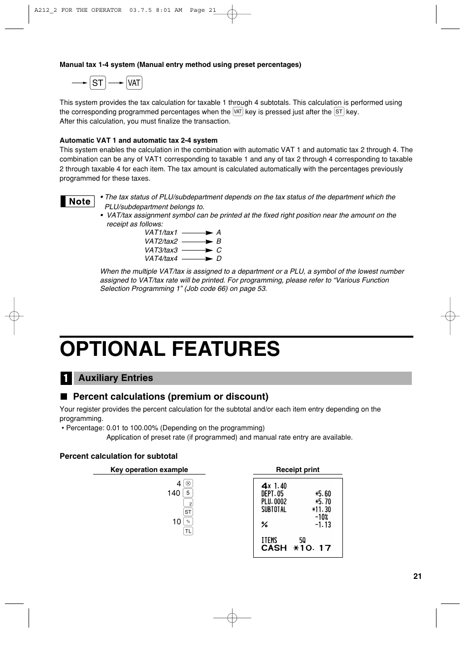 Optional features | Sharp XE-A212 User Manual | Page 23 / 82