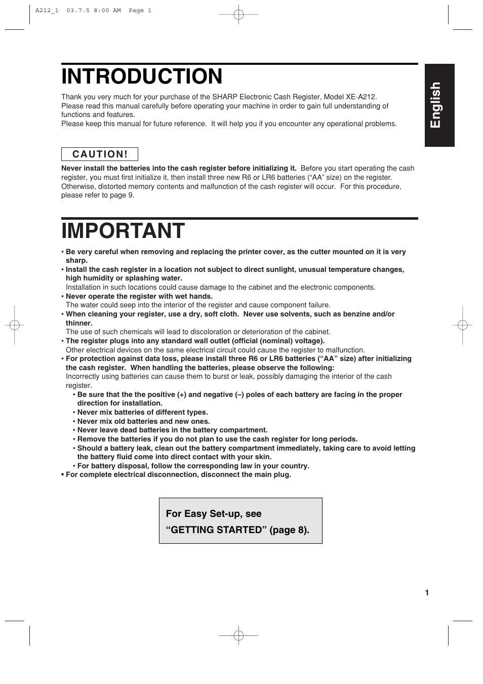 Introduction, Important, English | Sharp XE-A212 User Manual | Page 3 / 82