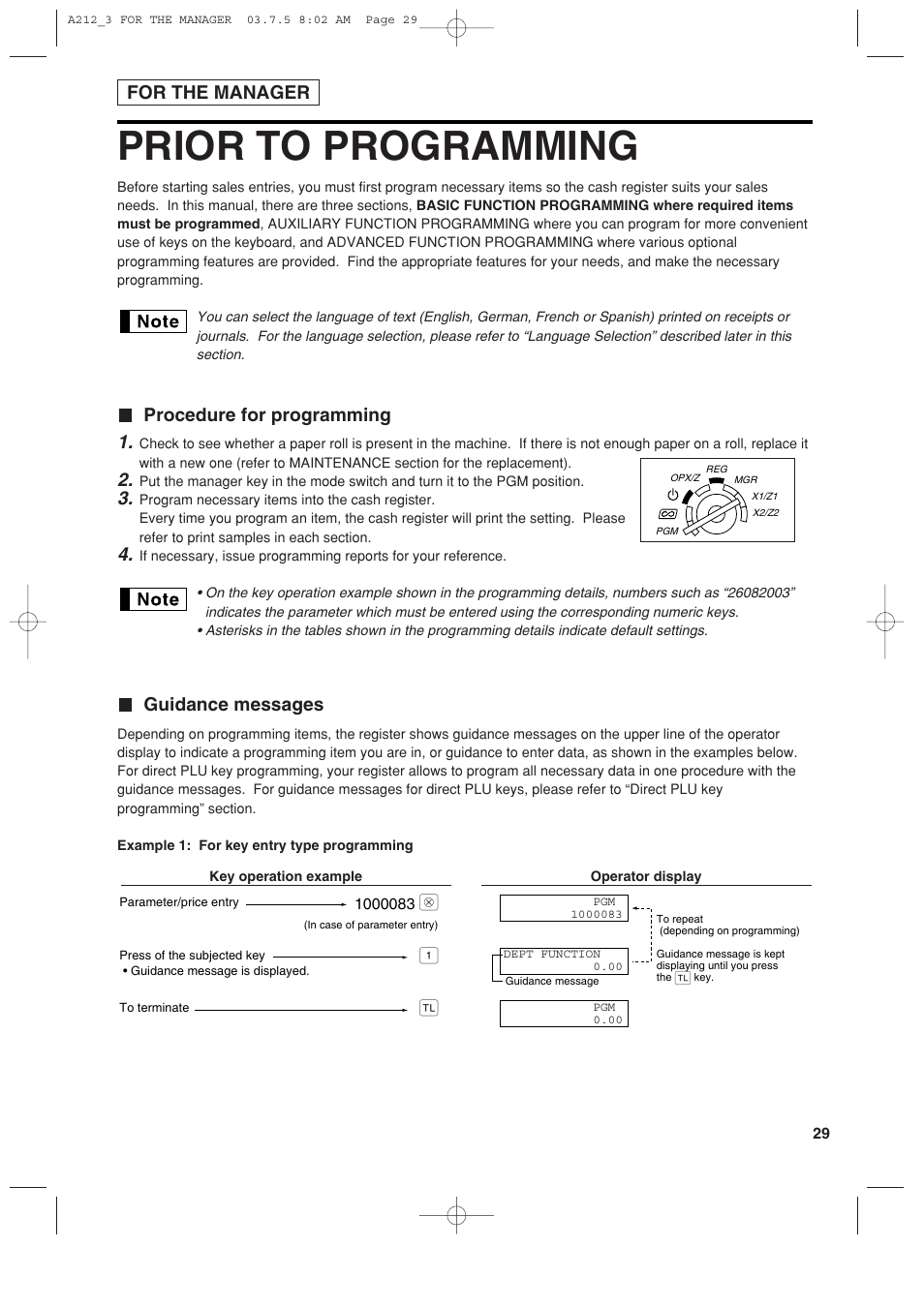 Prior to programming, Procedure for programming 1, Guidance messages | For the manager | Sharp XE-A212 User Manual | Page 31 / 82