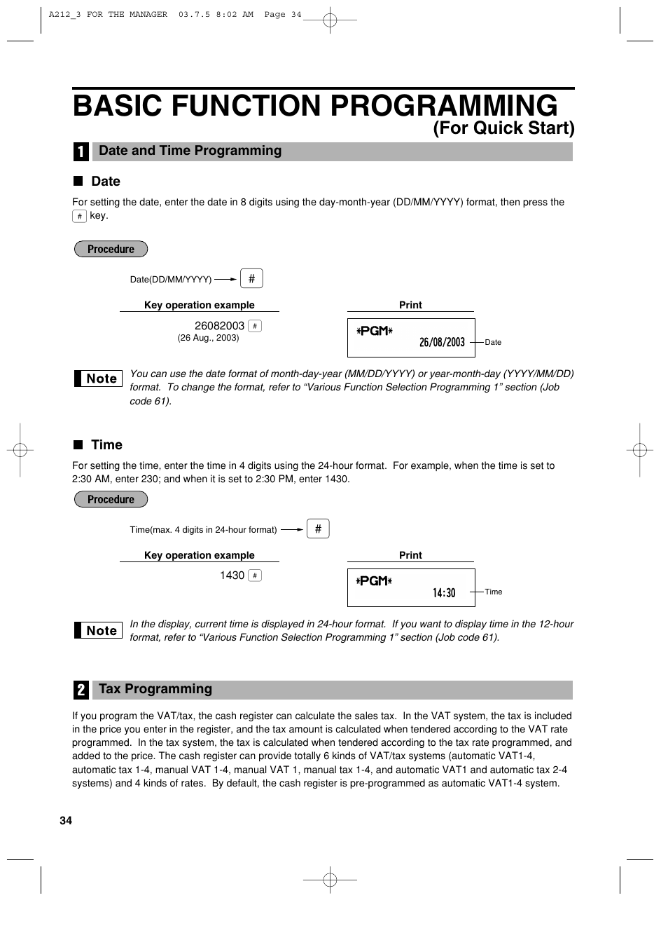 Basic function programming, For quick start) | Sharp XE-A212 User Manual | Page 36 / 82