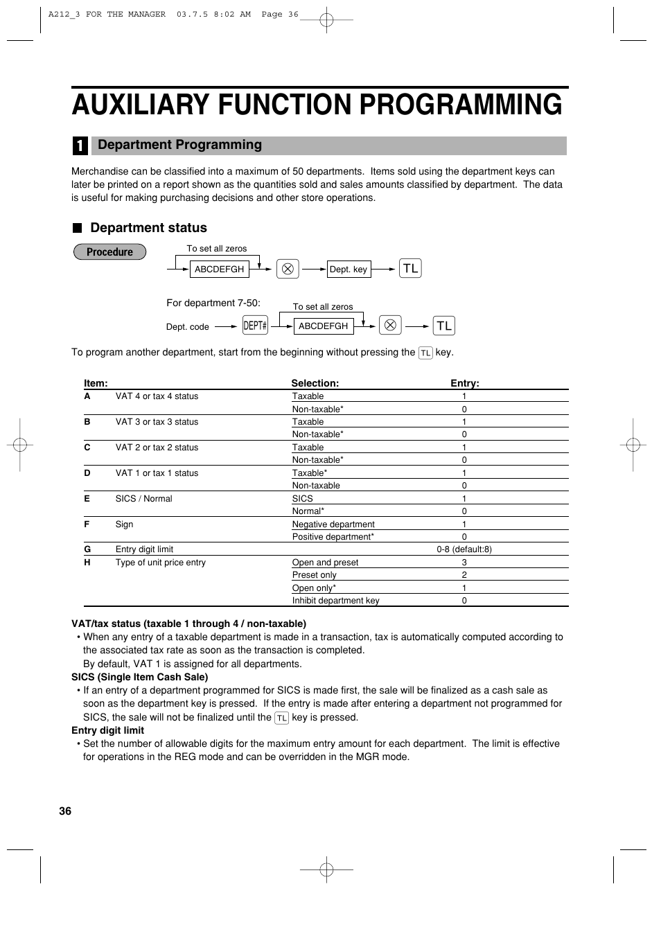 Auxiliary function programming, Department status, Department programming | Sharp XE-A212 User Manual | Page 38 / 82