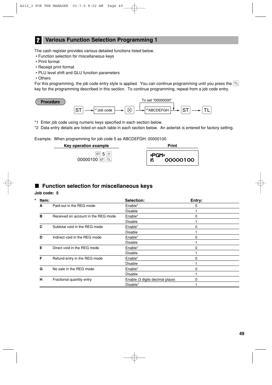 Function selection for miscellaneous keys, Various function selection programming 1 | Sharp XE-A212 User Manual | Page 51 / 82