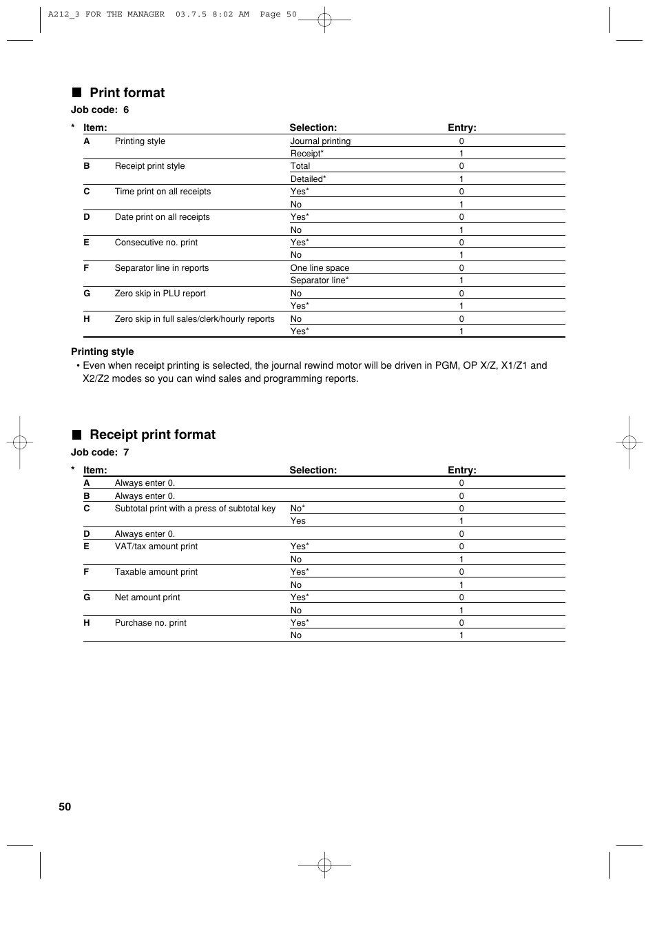 Print format, Receipt print format | Sharp XE-A212 User Manual | Page 52 / 82