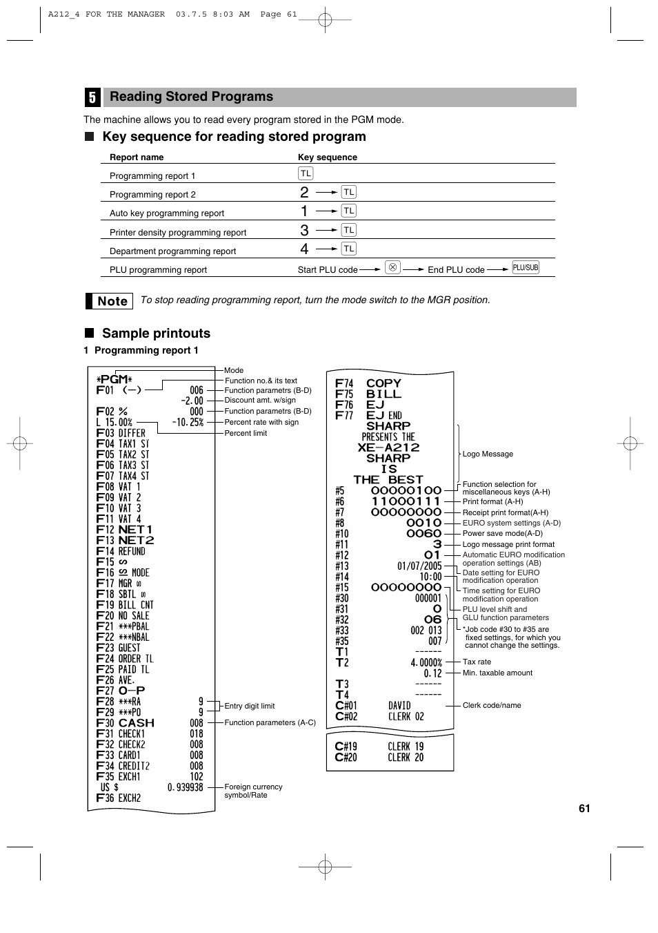 Sample printouts, Key sequence for reading stored program, Reading stored programs | Sharp XE-A212 User Manual | Page 63 / 82