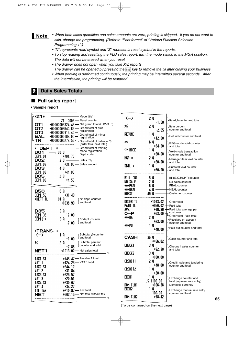 Full sales report, Daily sales totals | Sharp XE-A212 User Manual | Page 67 / 82