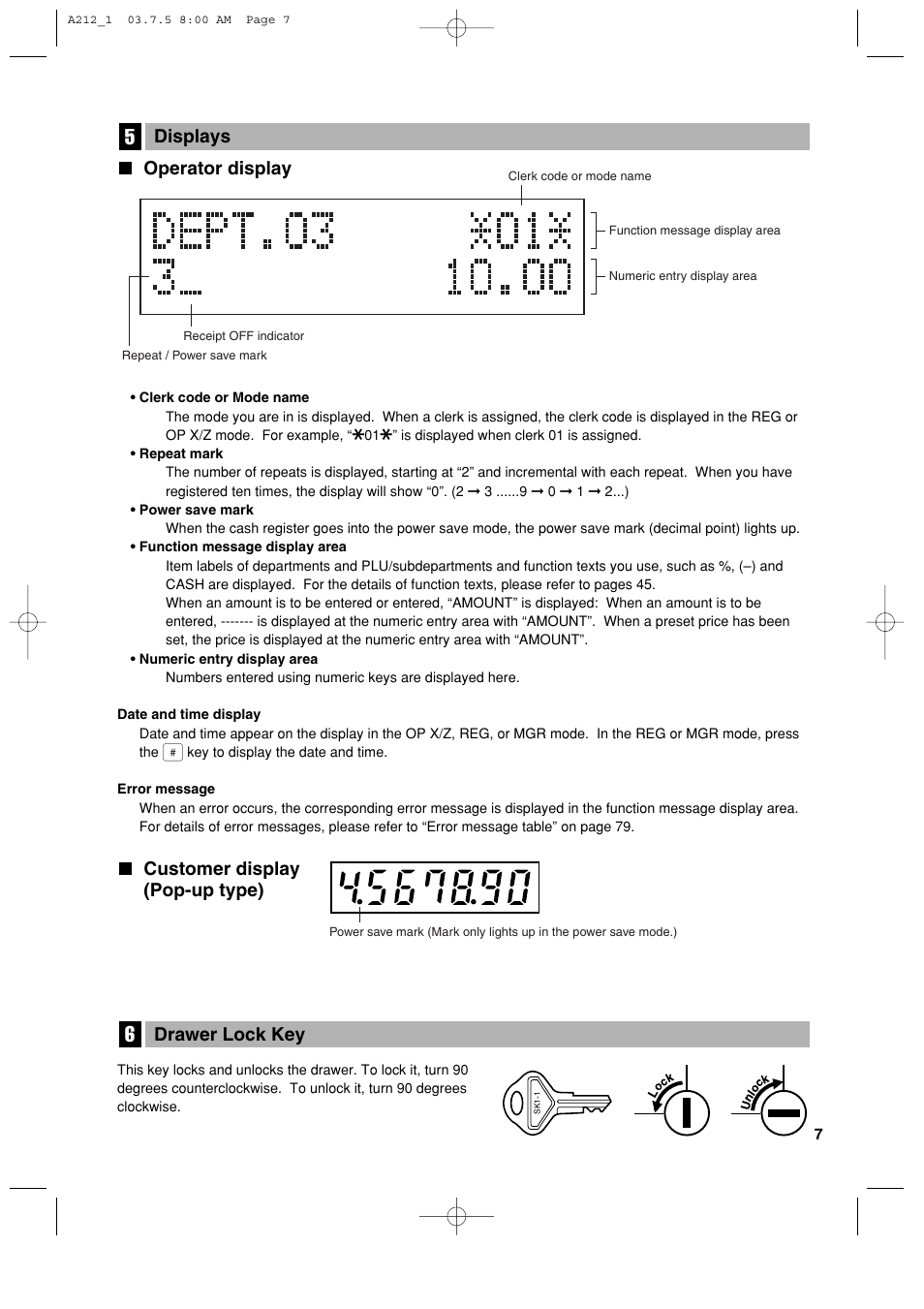 Drawer lock key, Operator display, Customer display (pop-up type) | Displays | Sharp XE-A212 User Manual | Page 9 / 82