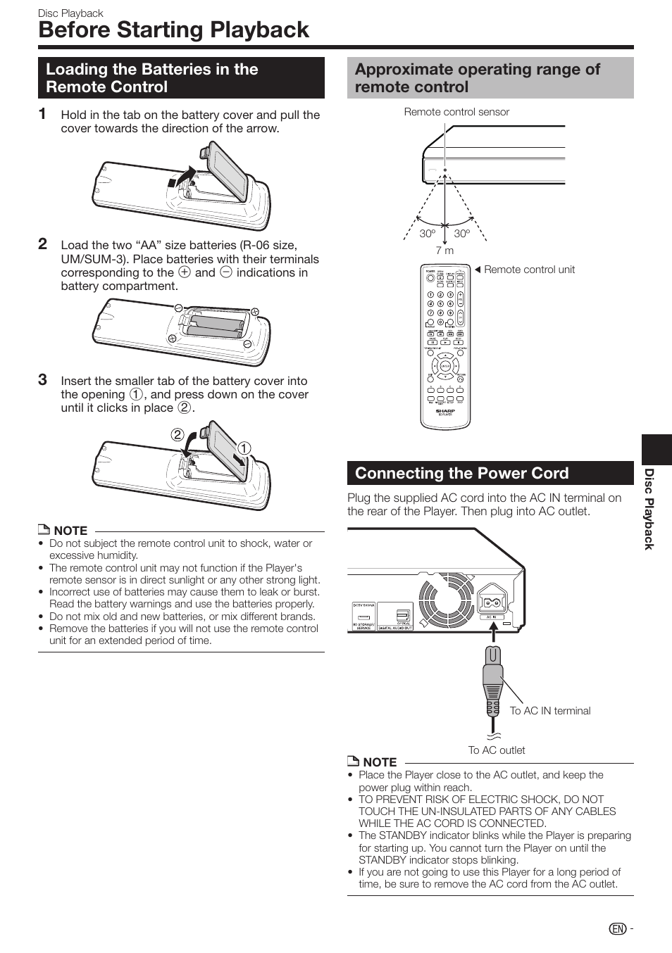 Before starting playback, Loading the batteries in the remote control, 12 3 connecting the power cord | Approximate operating range of remote control | Sharp BD-HP210U User Manual | Page 21 / 54