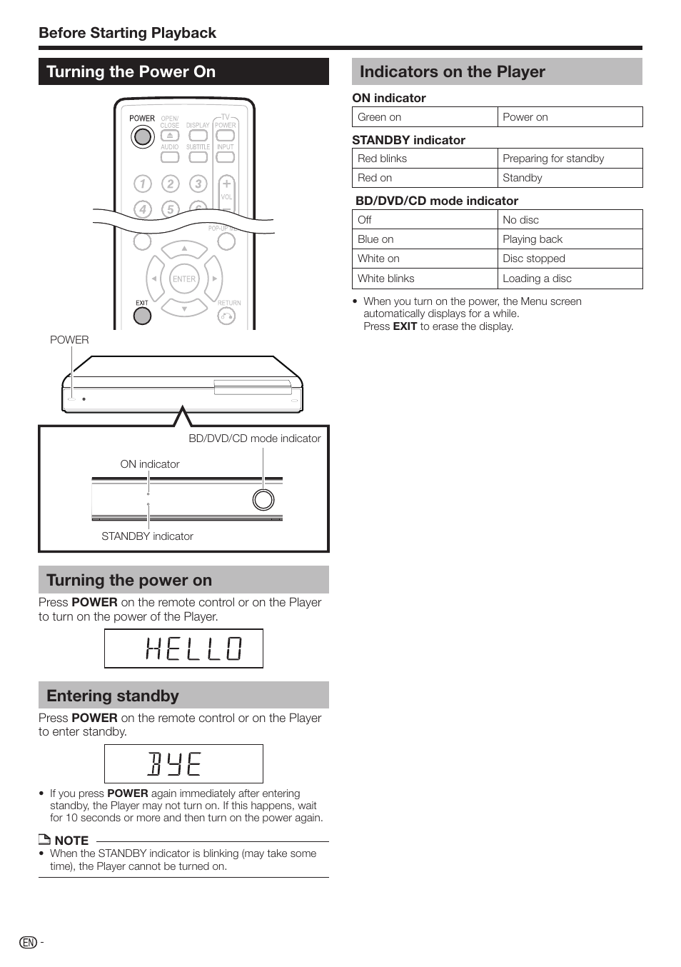 Turning the power on turning the power on, Entering standby, Indicators on the player | Before starting playback | Sharp BD-HP210U User Manual | Page 22 / 54