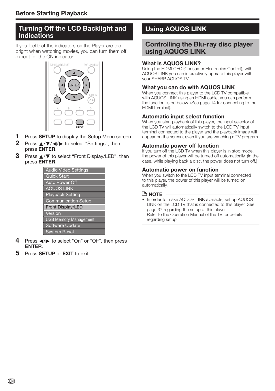 Turning off the lcd backlight and indications, Before starting playback | Sharp BD-HP210U User Manual | Page 24 / 54