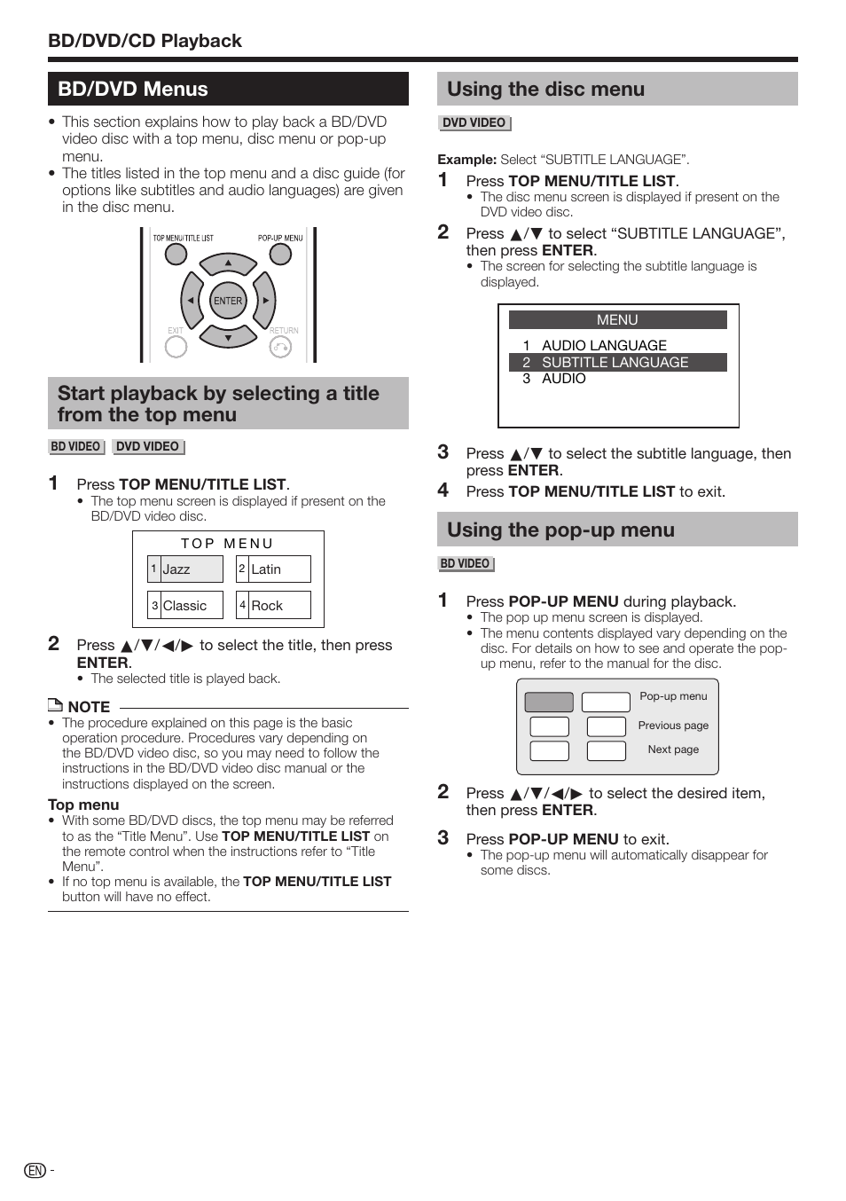 Bd/dvd menus, Using the disc menu, Using the pop-up menu | Bd/dvd/cd playback | Sharp BD-HP210U User Manual | Page 26 / 54