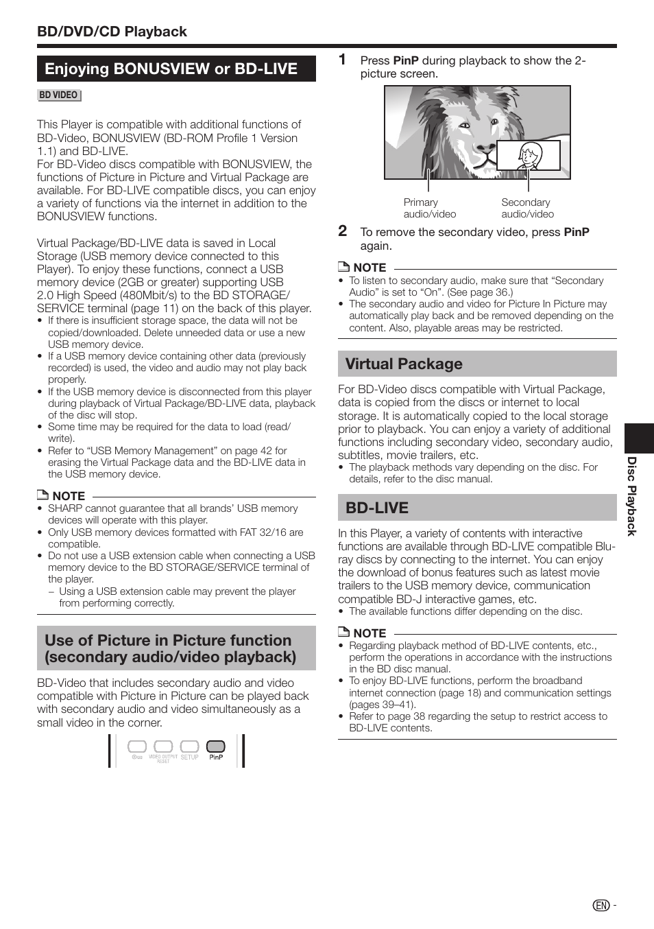 Enjoying bonusview or bd-live, Virtual package, Bd-live | Bd/dvd/cd playback | Sharp BD-HP210U User Manual | Page 27 / 54