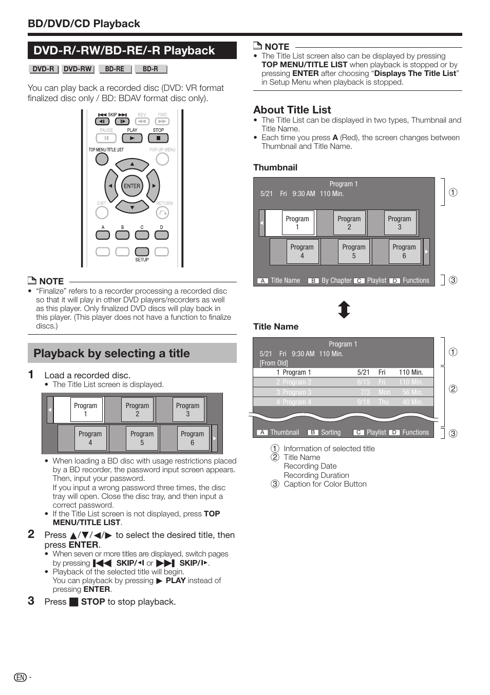 Dvd-r/-rw/bd-re/-r playback, Playback by selecting a title, Bd/dvd/cd playback | About title list | Sharp BD-HP210U User Manual | Page 28 / 54