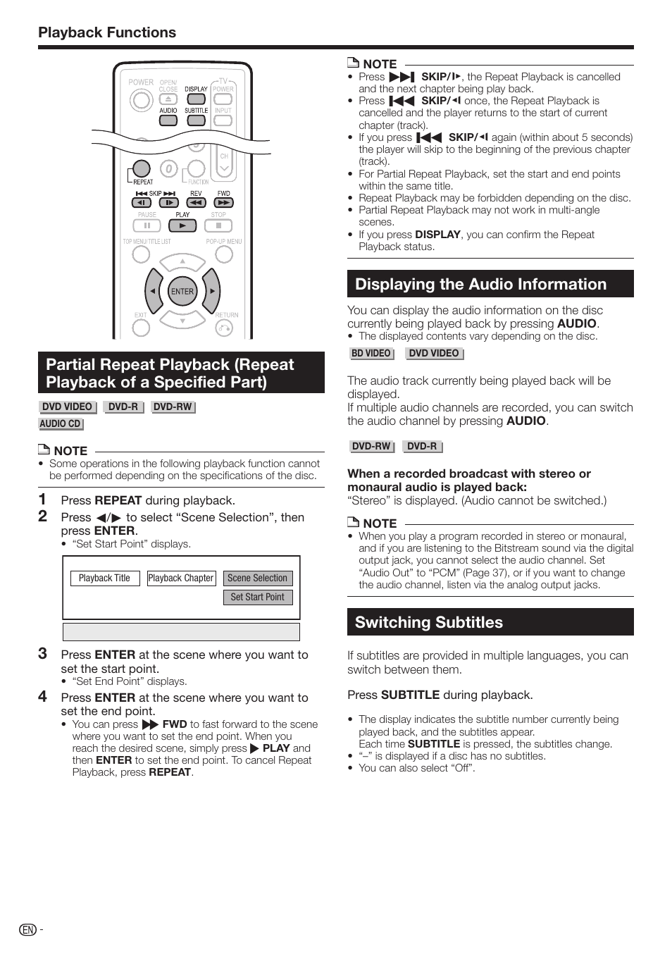 Displaying the audio information, Switching subtitles, Playback functions | Sharp BD-HP210U User Manual | Page 32 / 54