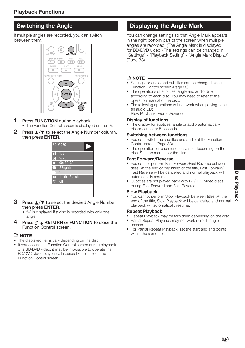 Switching the angle, 4displaying the angle mark, Playback functions | Sharp BD-HP210U User Manual | Page 33 / 54