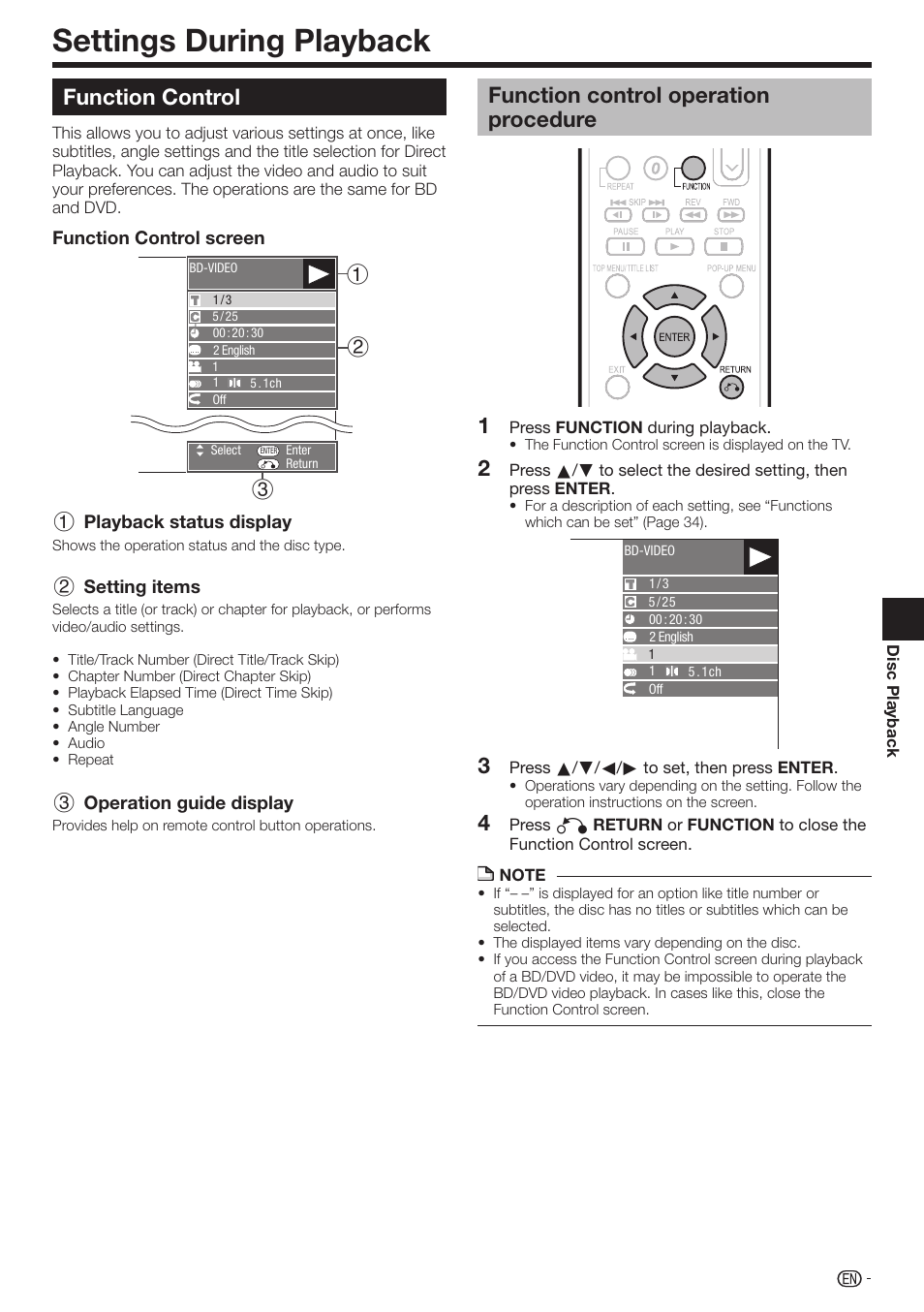Settings during playback, Function control, Function control operation procedure | Sharp BD-HP210U User Manual | Page 35 / 54