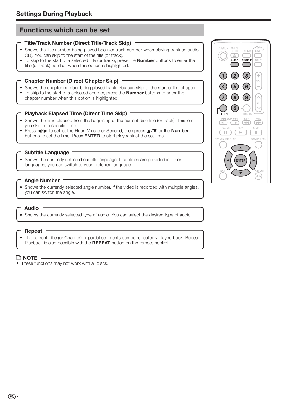 Functions which can be set, Settings during playback | Sharp BD-HP210U User Manual | Page 36 / 54