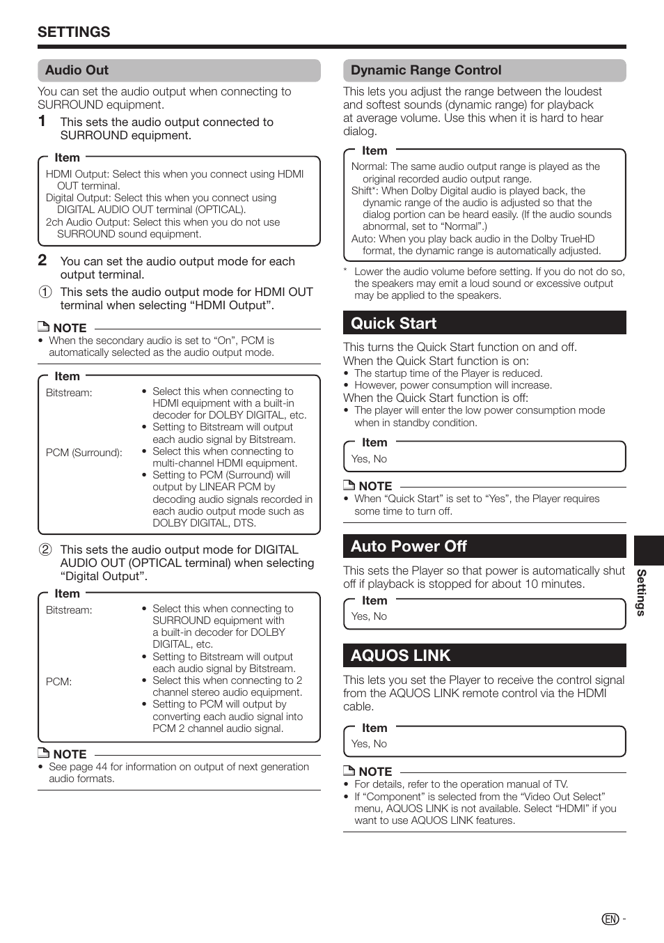 Quick start, Auto power off, Aquos link | Settings | Sharp BD-HP210U User Manual | Page 39 / 54
