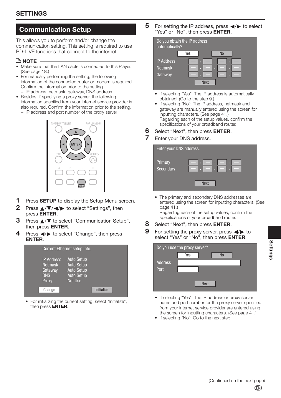 Communication setup, Settings | Sharp BD-HP210U User Manual | Page 41 / 54