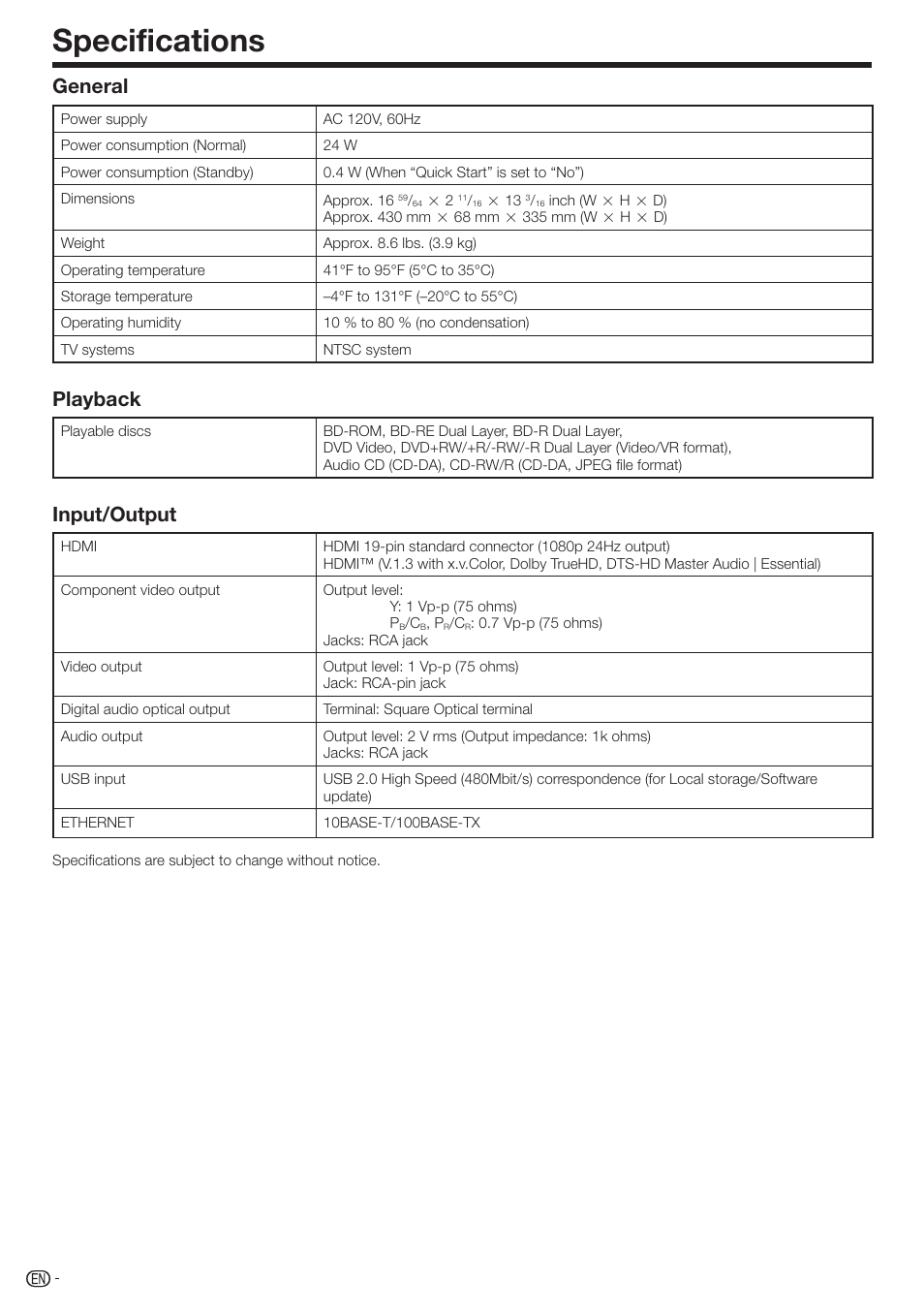Specifications, General, Playback | Input/output | Sharp BD-HP210U User Manual | Page 52 / 54