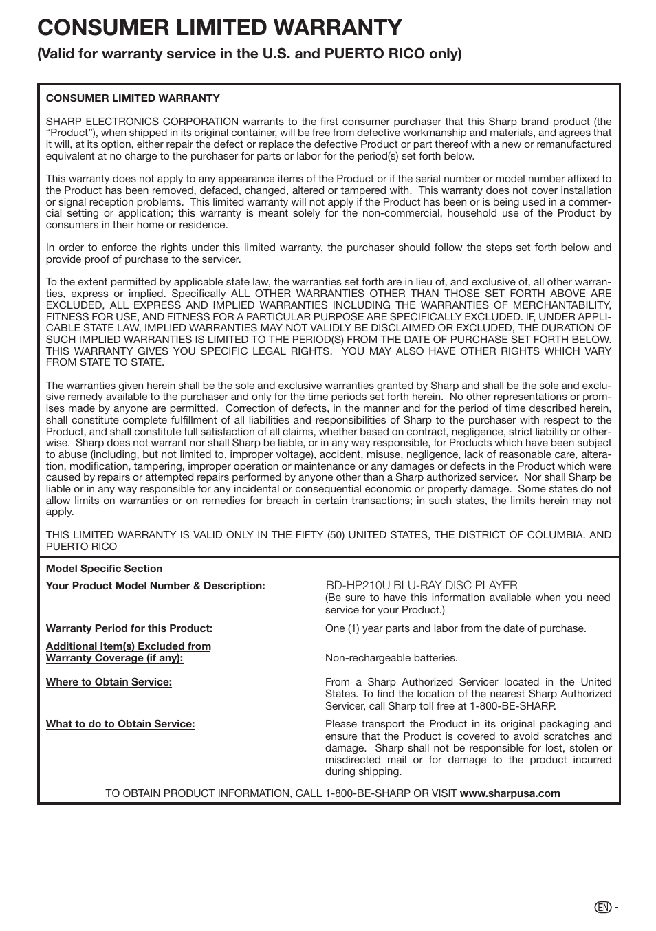 Consumer limited warranty | Sharp BD-HP210U User Manual | Page 53 / 54