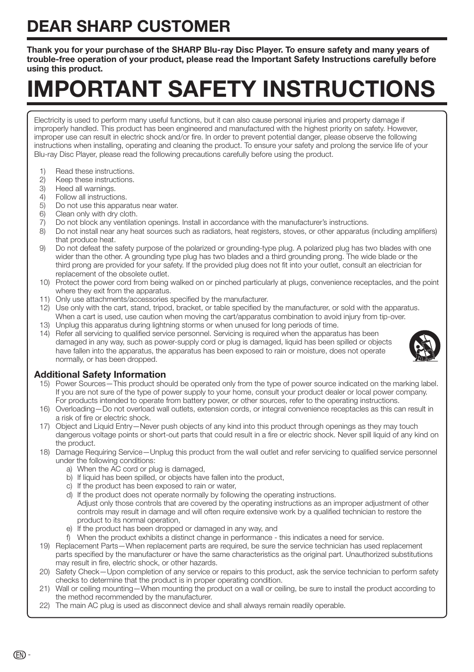 Important safety instructions, Dear sharp customer | Sharp BD-HP210U User Manual | Page 6 / 54