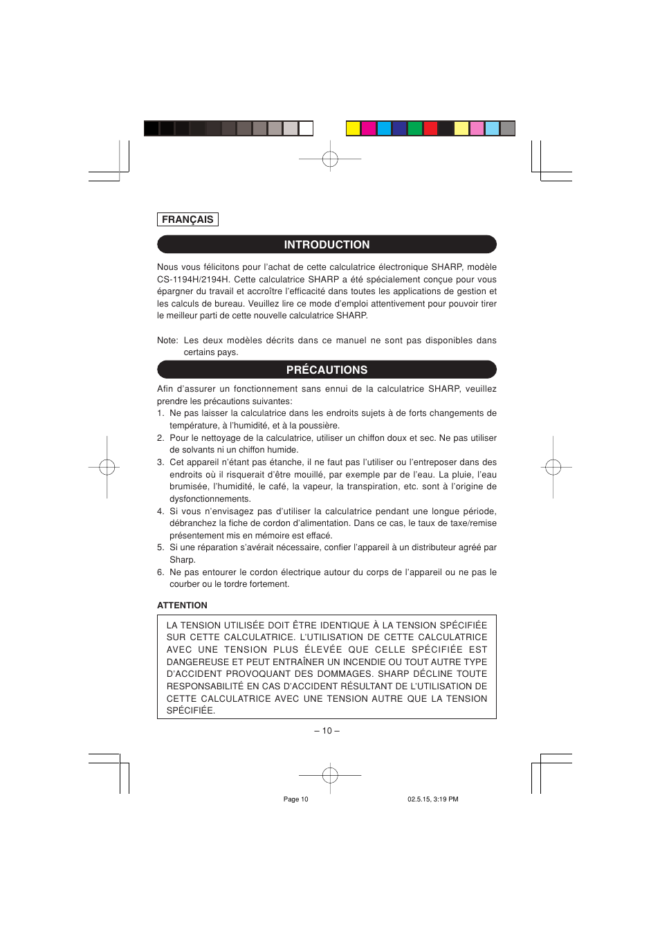 Introduction précautions | Sharp CS-1194H User Manual | Page 12 / 48