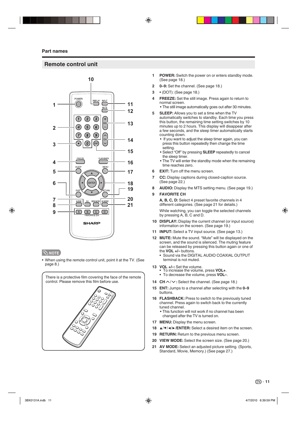 Remote control unit | Sharp AQUOS 9JDJ3BX0131A User Manual | Page 13 / 34