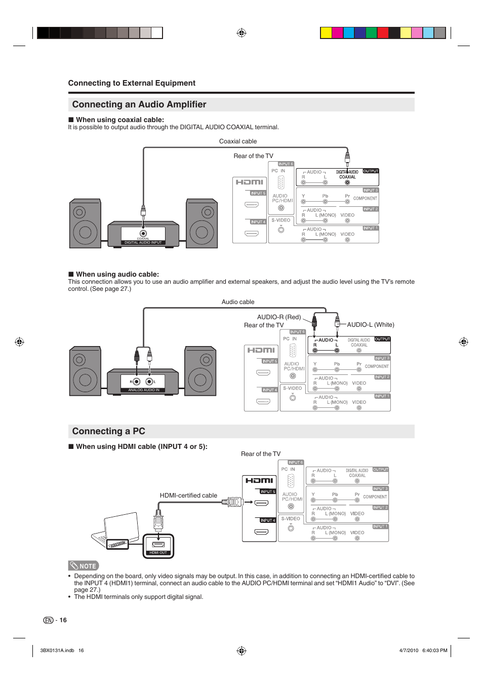 Connecting an audio amplifier, Connecting a pc, Connecting to external equipment | Sharp AQUOS 9JDJ3BX0131A User Manual | Page 18 / 34