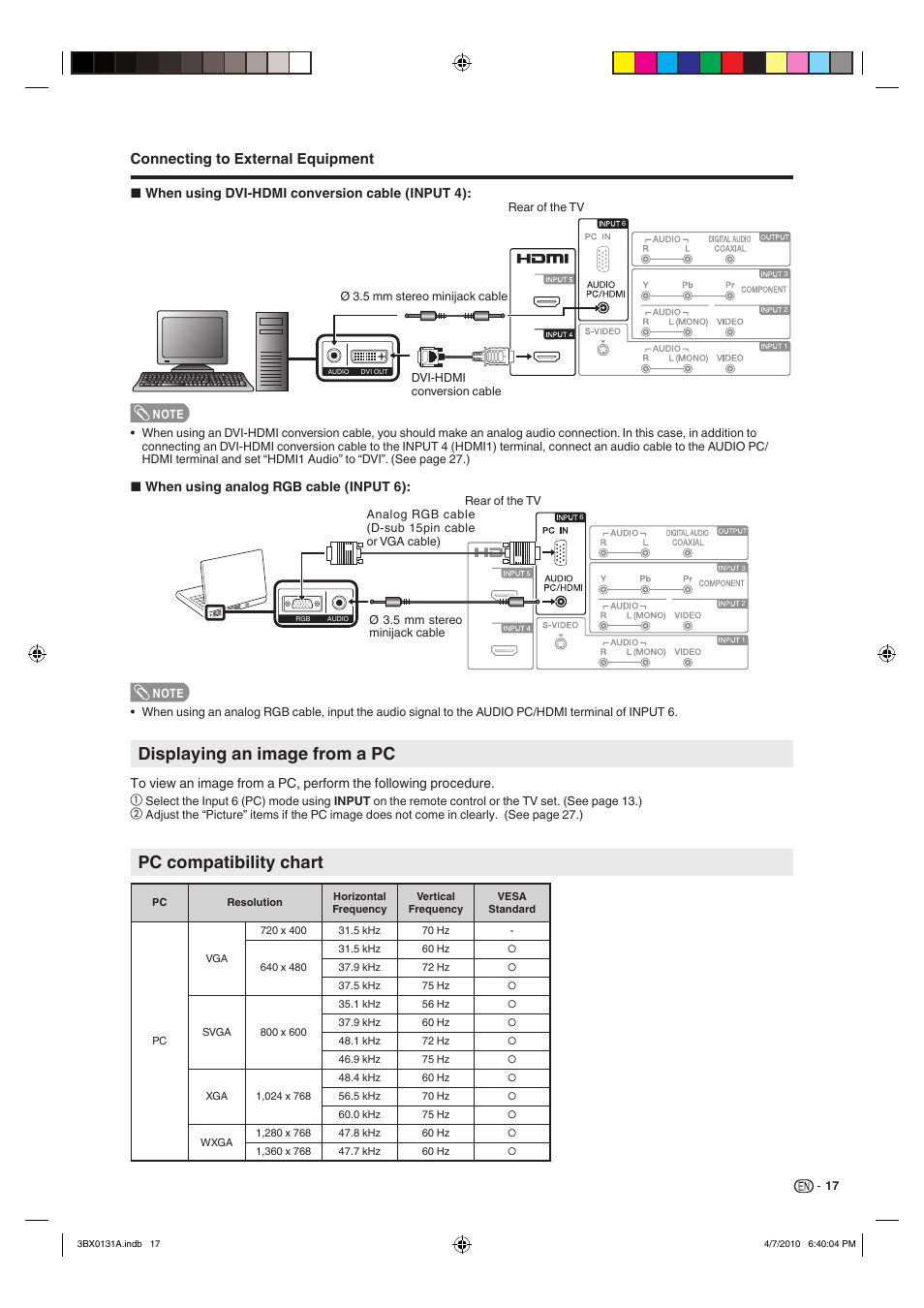 Displaying an image from a pc, Pc compatibility chart, Connecting to external equipment | Sharp AQUOS 9JDJ3BX0131A User Manual | Page 19 / 34