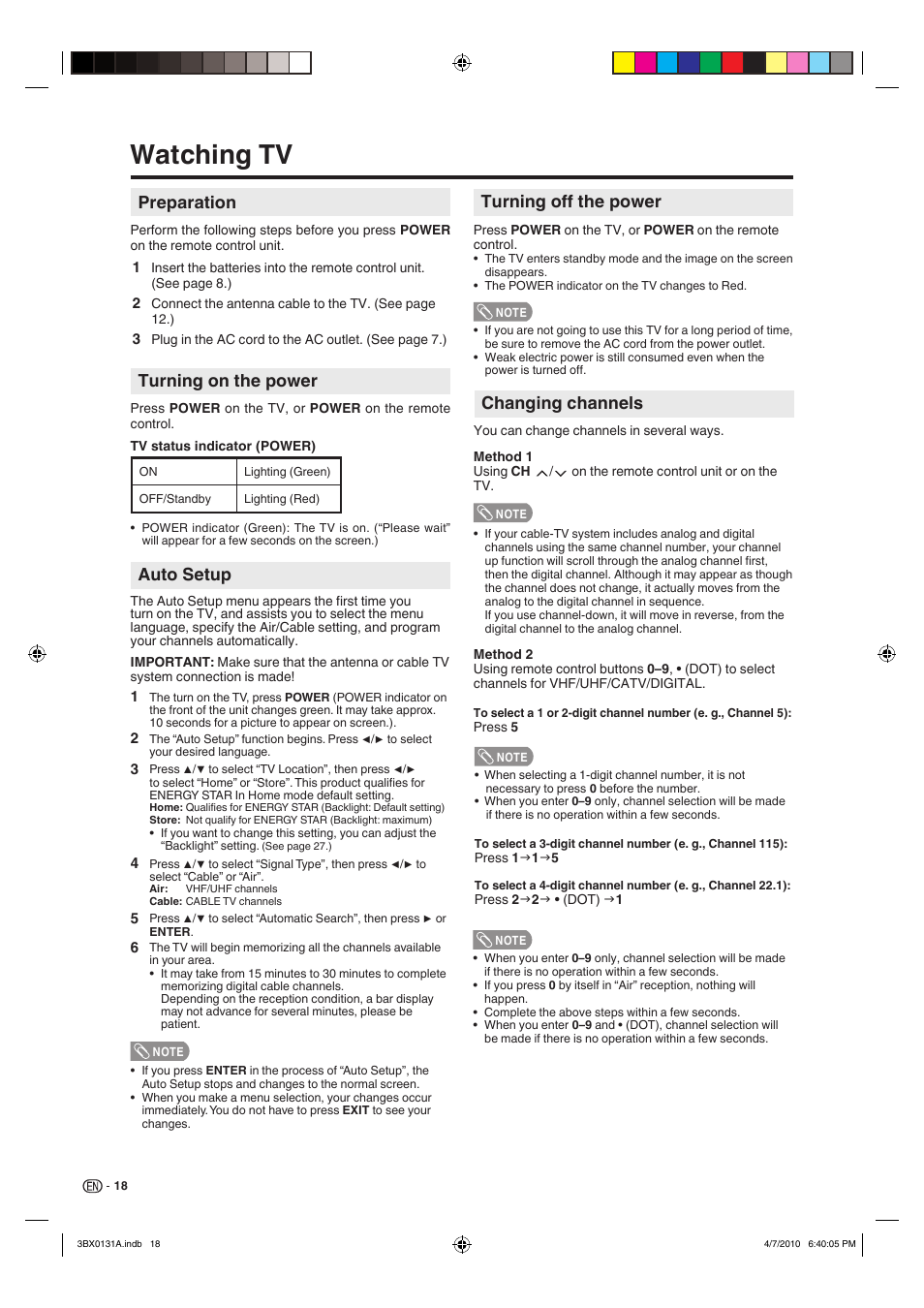 Watching tv, Changing channels, Turning on the power | Auto setup, Preparation, Turning off the power | Sharp AQUOS 9JDJ3BX0131A User Manual | Page 20 / 34