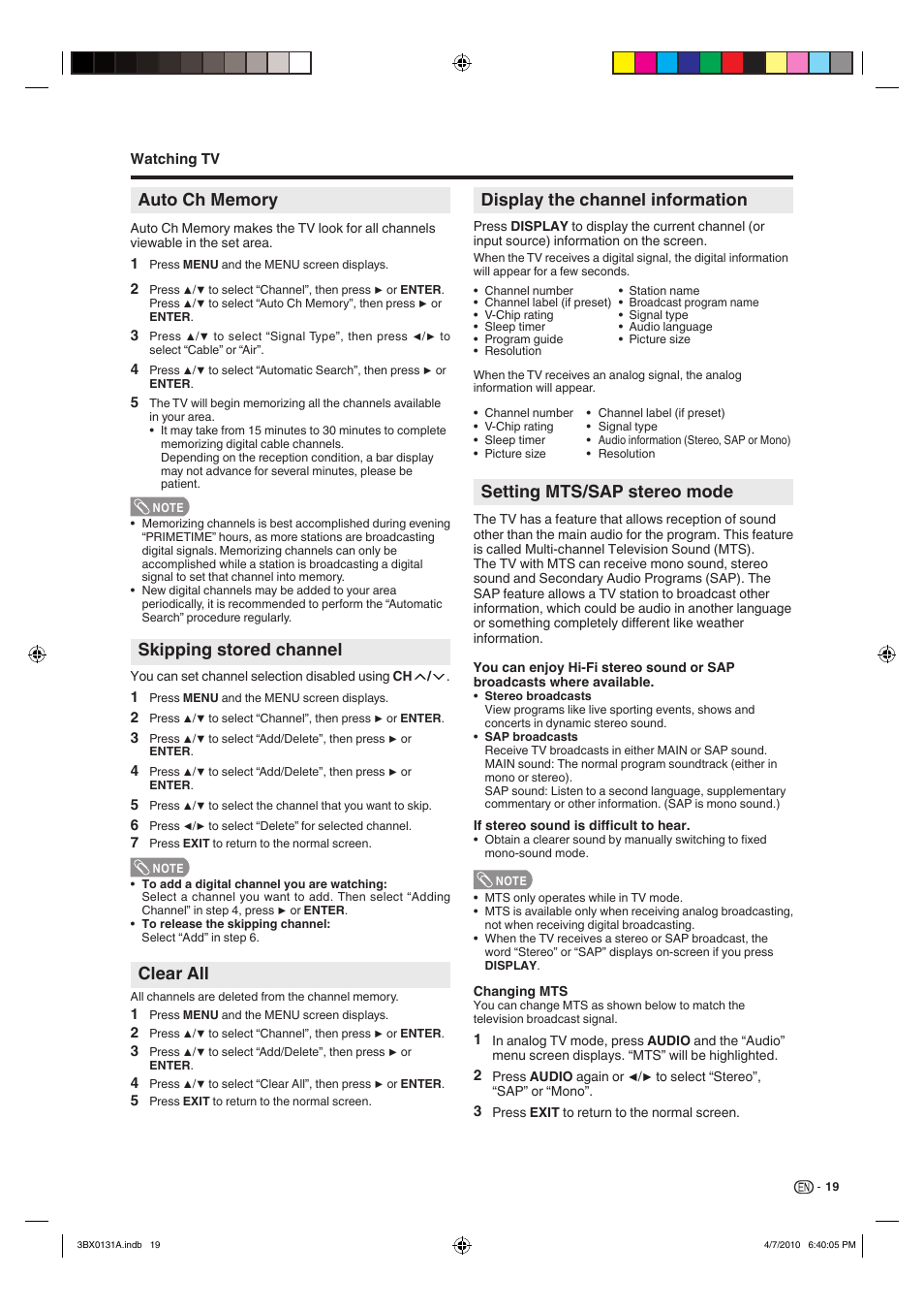 Skipping stored channel, Clear all, Setting mts/sap stereo mode | Display the channel information | Sharp AQUOS 9JDJ3BX0131A User Manual | Page 21 / 34