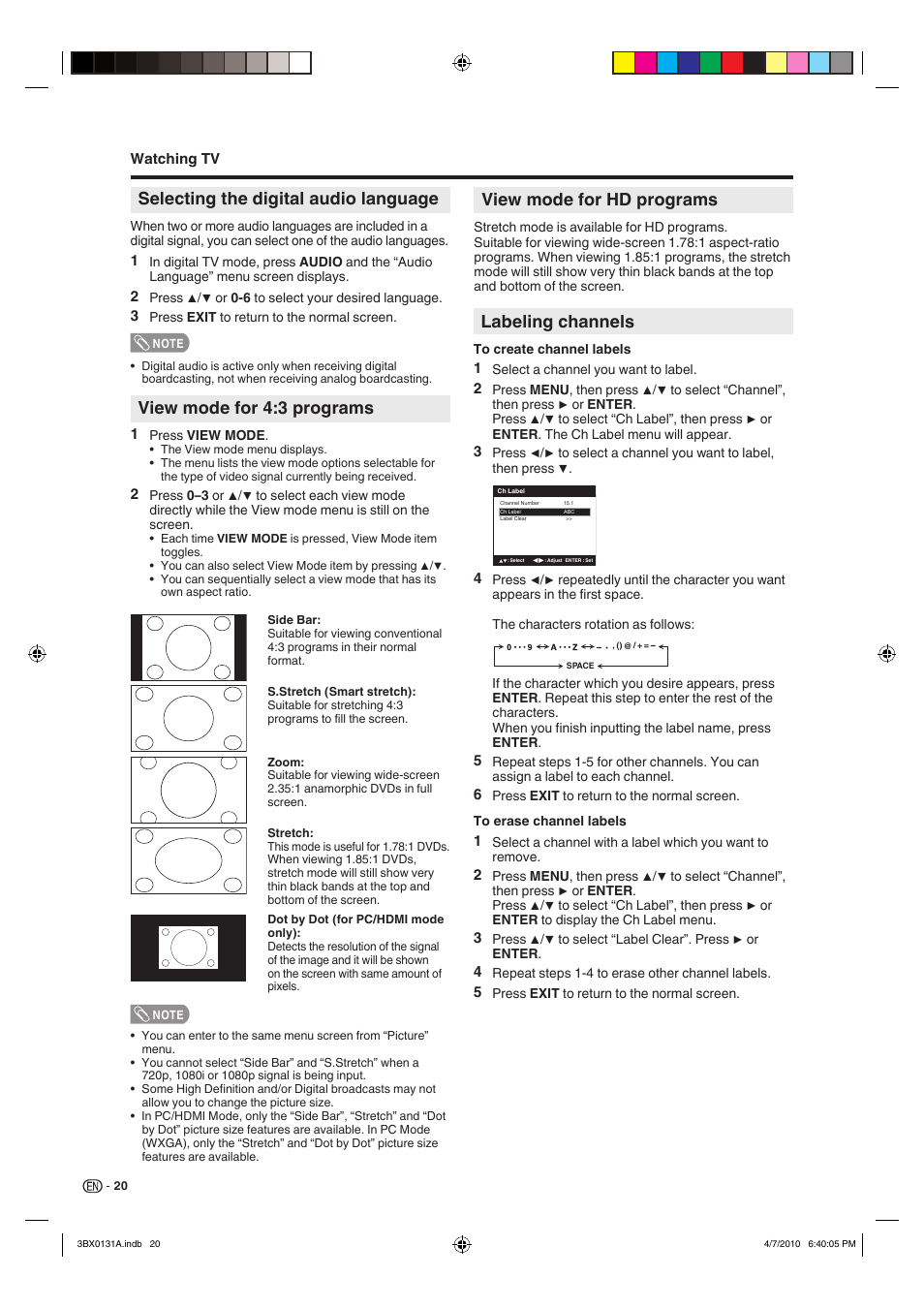 View mode for 4:3 programs, View mode for hd programs, Labeling channels | Selecting the digital audio language | Sharp AQUOS 9JDJ3BX0131A User Manual | Page 22 / 34