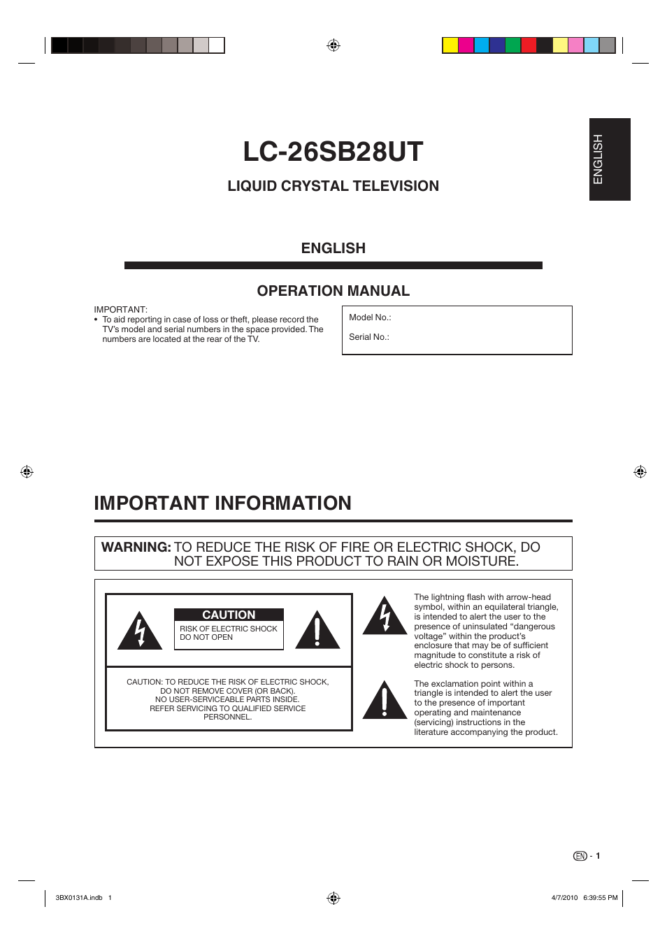 Lc-26sb28ut, Important information, Operation manual liquid crystal television english | Sharp AQUOS 9JDJ3BX0131A User Manual | Page 3 / 34