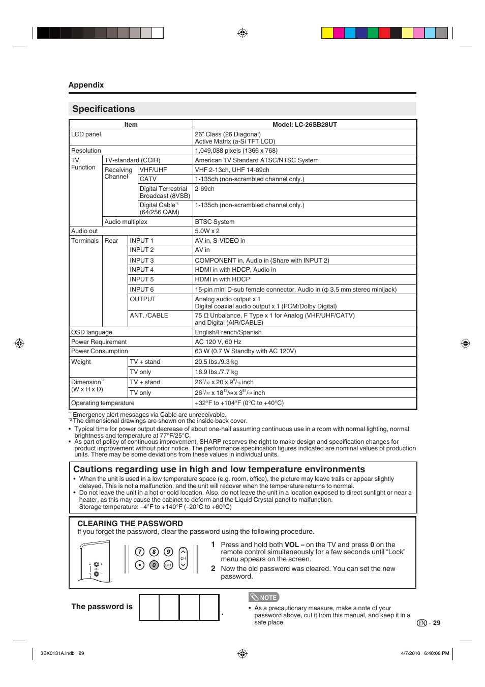 Specifications | Sharp AQUOS 9JDJ3BX0131A User Manual | Page 31 / 34