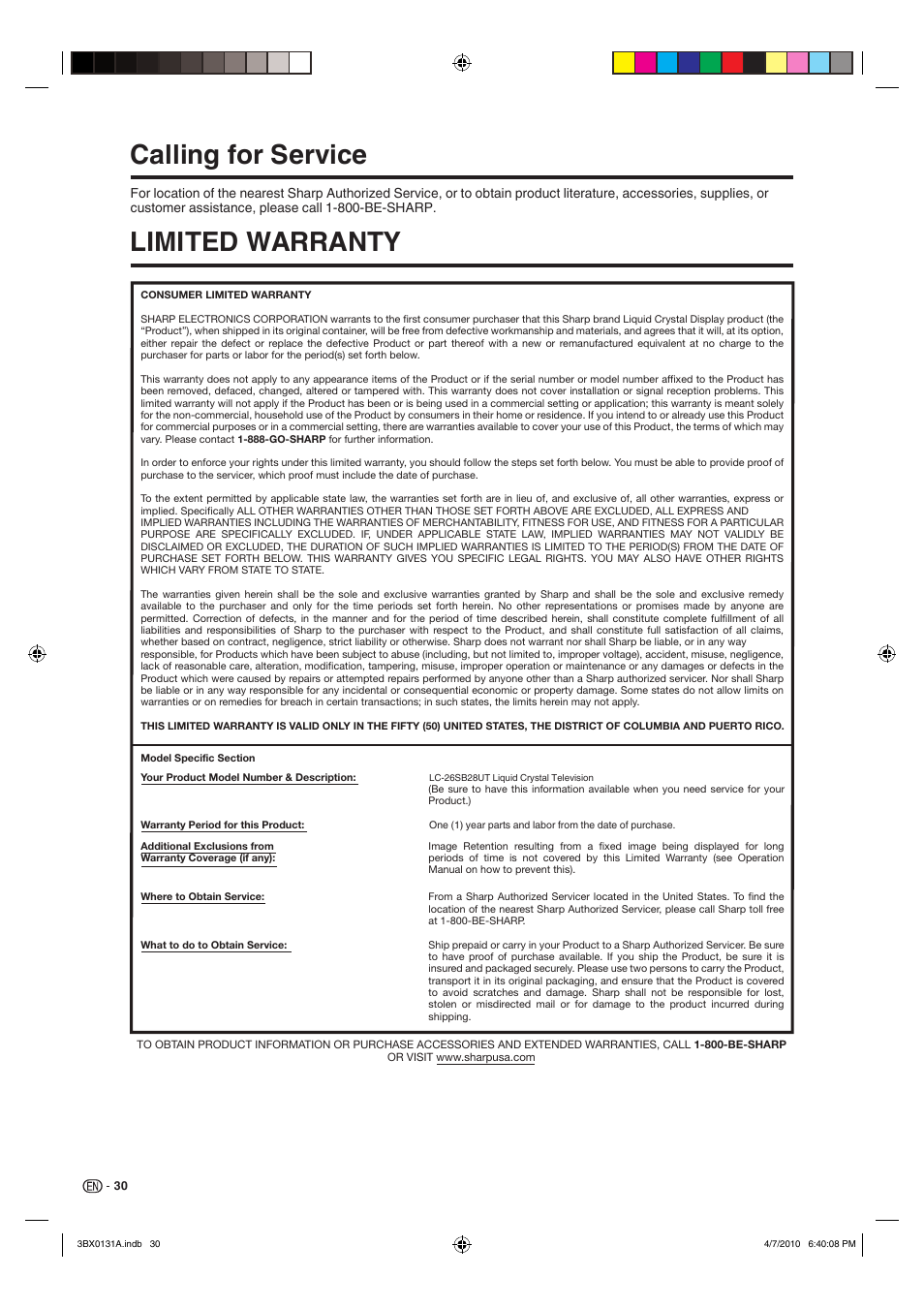 Calling for service limited warranty | Sharp AQUOS 9JDJ3BX0131A User Manual | Page 32 / 34