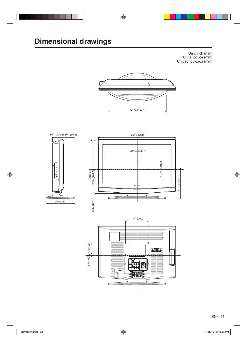 Dimensional drawings | Sharp AQUOS 9JDJ3BX0131A User Manual | Page 33 / 34