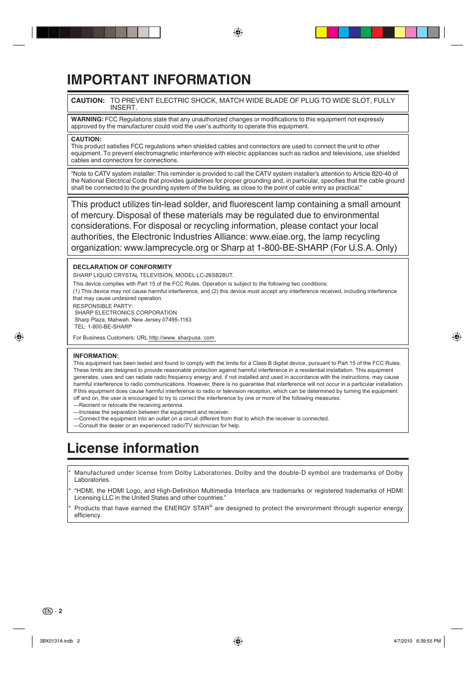 Important information, License information | Sharp AQUOS 9JDJ3BX0131A User Manual | Page 4 / 34