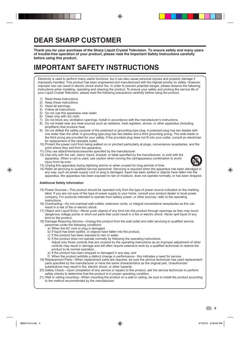 Dear sharp customer, Important safety instructions | Sharp AQUOS 9JDJ3BX0131A User Manual | Page 5 / 34