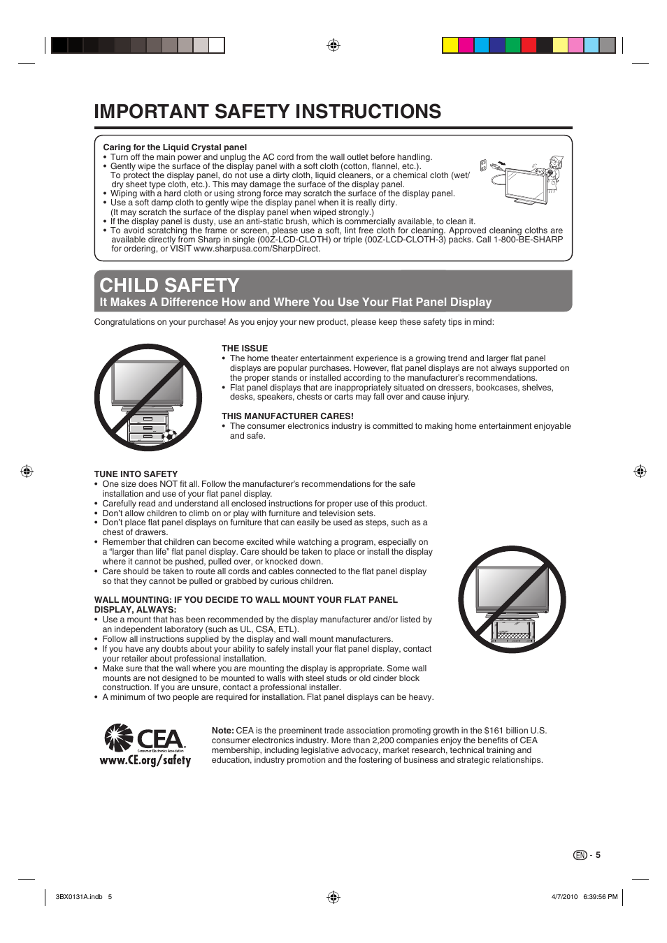 Important safety instructions, Child safety | Sharp AQUOS 9JDJ3BX0131A User Manual | Page 7 / 34