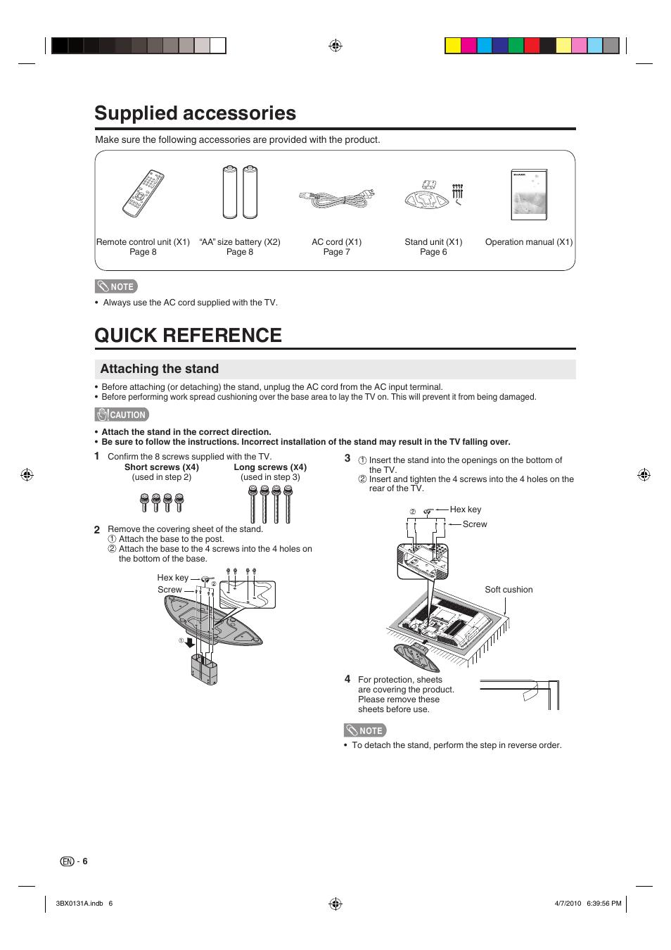 Supplied accessories, Quick reference, Attaching the stand | Sharp AQUOS 9JDJ3BX0131A User Manual | Page 8 / 34