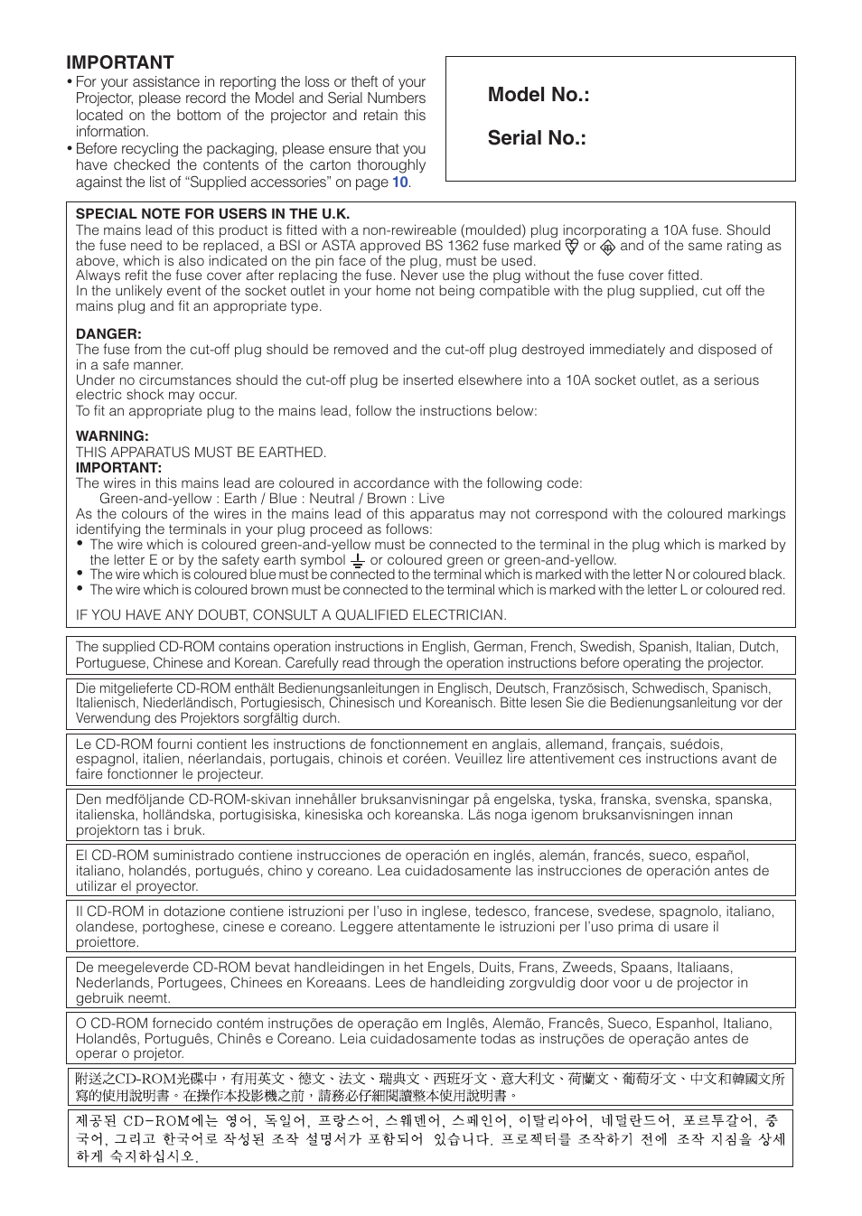 Model no.: serial no, Important | Sharp XG-C330X User Manual | Page 2 / 71