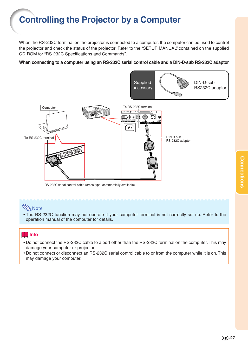 Controlling the projector by a computer, Connections | Sharp XG-C330X User Manual | Page 29 / 71